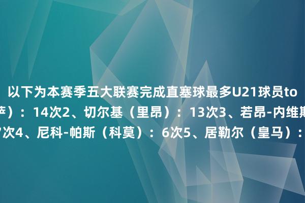 以下为本赛季五大联赛完成直塞球最多U21球员top10：1、亚马尔（巴萨）：14次2、切尔基（里昂）：13次3、若昂-内维斯（巴黎圣日耳曼）：7次4、尼科-帕斯（科莫）：6次5、居勒尔（皇马）：5次5、博纳诺特（莱斯特城）：5次5、杜埃（巴黎圣日耳曼）：5次5、斯塔辛（圣埃蒂安）：5次5、安迪-迪乌夫（朗斯）：5次5、贝林厄姆（皇马）：5次    体育集锦