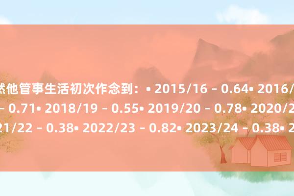 亦然他管事生活初次作念到：• 2015/16 – 0.64• 2016/17 – 0.44• 2017/18 – 0.71• 2018/19 – 0.55• 2019/20 – 0.78• 2020/21 – 0.71• 2021/22 – 0.38• 2022/23 – 0.82• 2023/24 – 0.38• 2024/25 – 0.70• 2025/26 – 1.03    半岛综合体育信息
