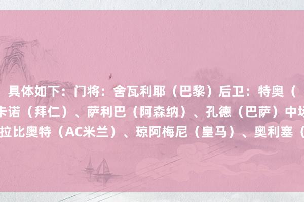 具体如下：门将：舍瓦利耶（巴黎）后卫：特奥（利雅得眉月）、于帕梅卡诺（拜仁）、萨利巴（阿森纳）、孔德（巴萨）中场：登贝莱（巴黎）、拉比奥特（AC米兰）、琼阿梅尼（皇马）、奥利塞（拜仁）时尚：姆巴佩（皇马）、埃基蒂克（利物浦）主帅：德尚    体育录像/图片