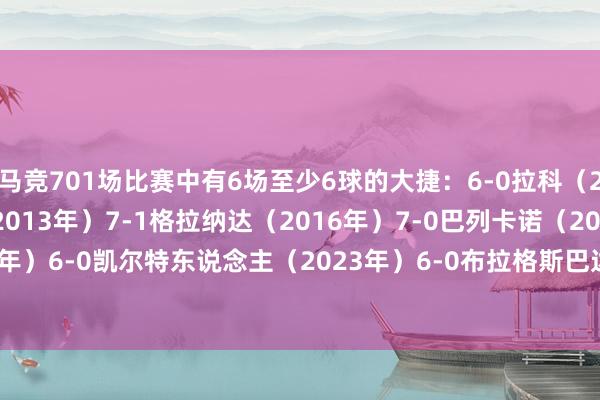 马竞701场比赛中有6场至少6球的大捷：6-0拉科（2012年）7-0赫塔费（2013年）7-1格拉纳达（2016年）7-0巴列卡诺（2023年）6-0凯尔特东说念主（2023年）6-0布拉格斯巴达（2024年）    体育赛事直播