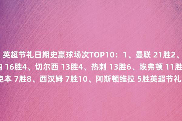英超节礼日期史赢球场次TOP10：1、曼联 21胜2、利物浦 17胜3、阿森纳 16胜4、切尔西 13胜4、热刺 13胜6、埃弗顿 11胜6、曼城 11胜8、布莱克本 7胜8、西汉姆 7胜10、阿斯顿维拉 5胜英超节礼日期史输球场次TOP10：1、纽卡 15负2、阿斯顿维拉 14负3、莱斯特城 11负4、埃弗顿 10负5、米德尔斯堡 9负6、曼城 7负6、桑德兰 7负6、诺维奇 7负6、西布朗 7负10、切尔西 6负    体育集锦