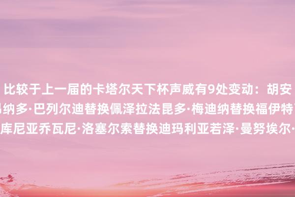 比较于上一届的卡塔尔天下杯声威有9处变动：胡安·穆索替换阿尔玛尼莱昂纳多·巴列尔迪替换佩泽拉法昆多·梅迪纳替换福伊特瓦伦丁·巴尔科替换阿库尼亚乔瓦尼·洛塞尔索替换迪玛利亚若泽·曼努埃尔·洛佩斯替换安赫尔·科雷亚尼科·帕斯替换迪巴拉朱利亚诺·西蒙尼替换圭多·罗德里格斯尼古拉斯·冈萨雷斯替换亚历杭德罗·戈麦斯    体育录像/图片